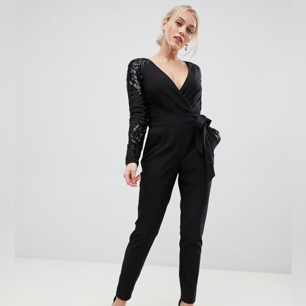 Little Mistress wrap front jumpsuit sequin sleeves.